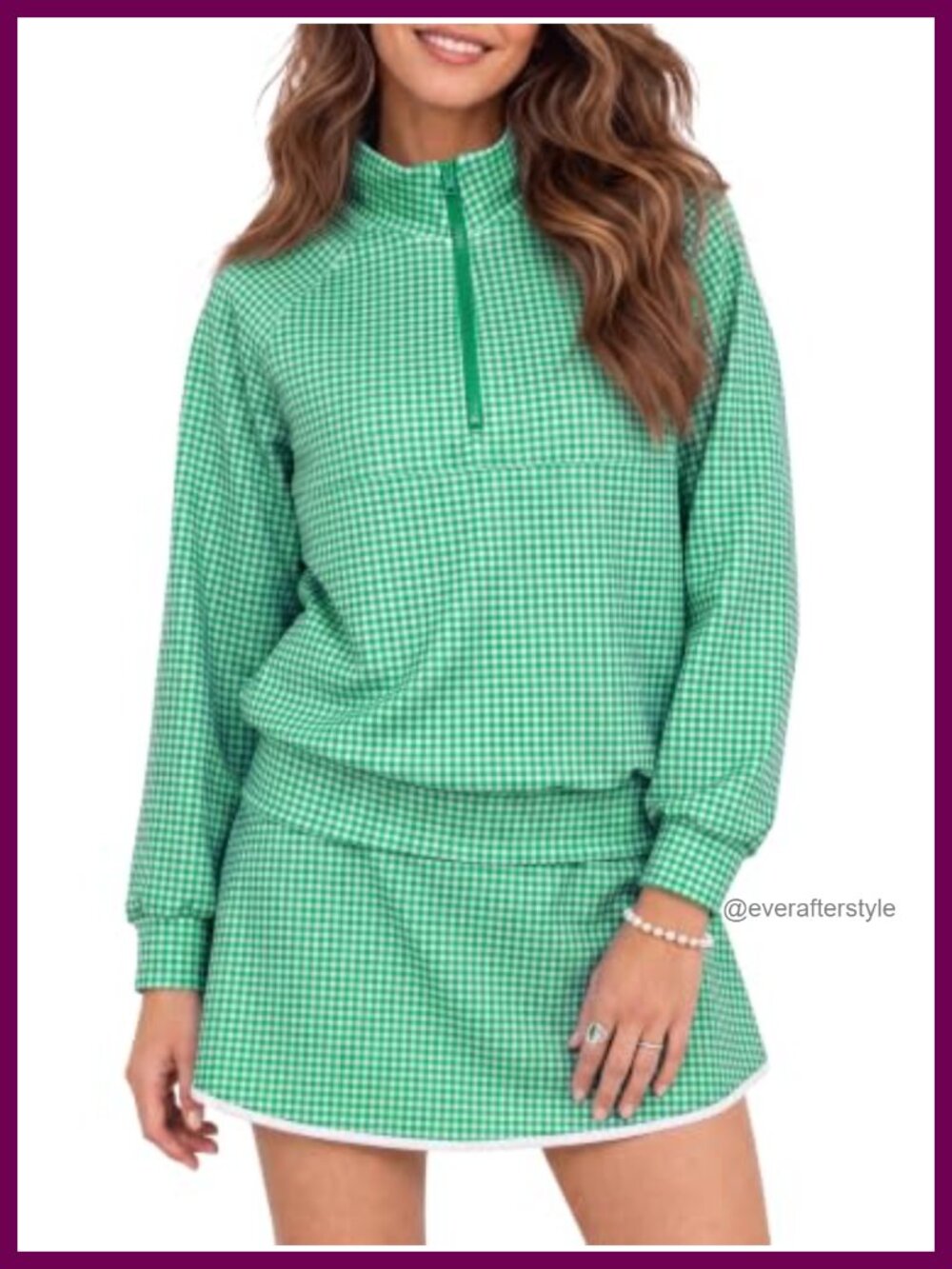 Women's 2 Piece Gingham Half Zip Sweatshirt Mini Skorts Set